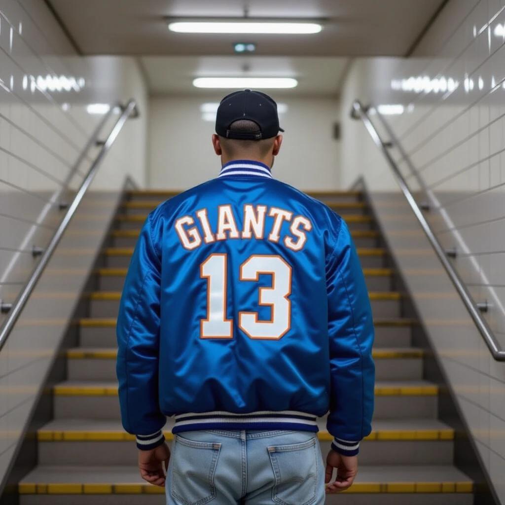 A man walks down subway stairs. He wears a blue satin Giants bomber jacket. The back of the jacket has no number, only the lettering. He has a black cap, light-colored slightly baggy jeans. The subway stairs have yellow tiles, typical of the 1970s. The setting is Spain in 1987. The shot is in a 16:9 aspect ratio.