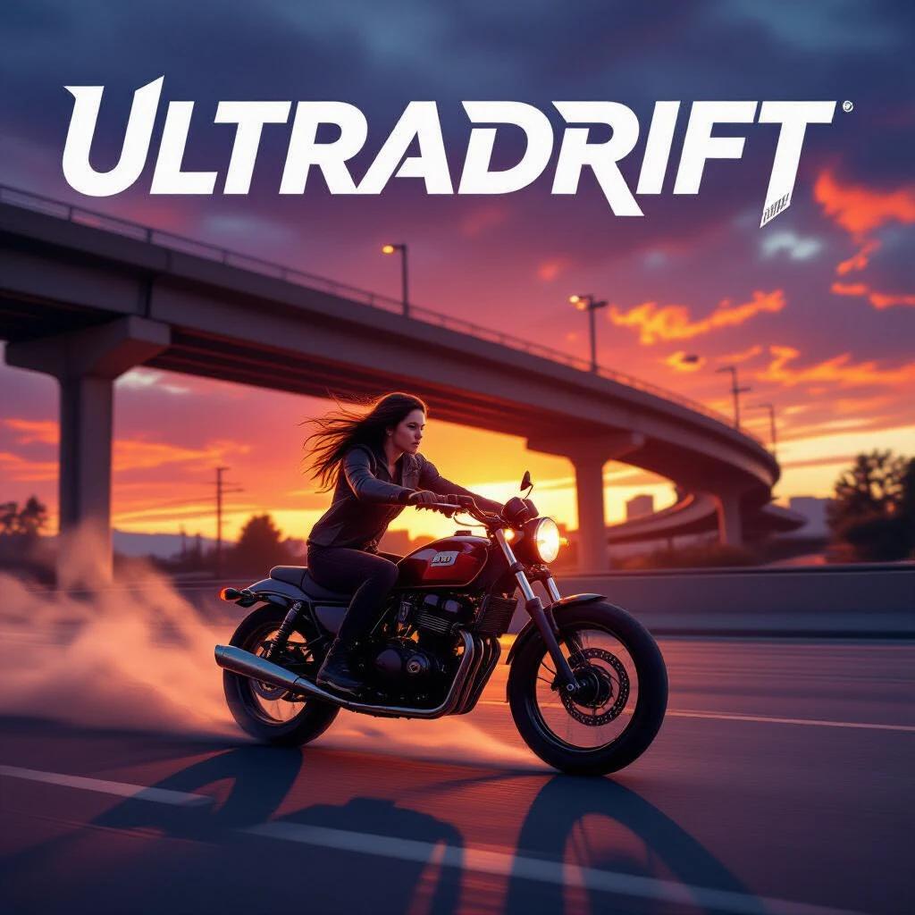 ULTRADRIFT title appears in speedometer-style font. Rider drifts motorcycle under collapsing freeway. Scene captured during sunset with vibrant colors and deep shadows.