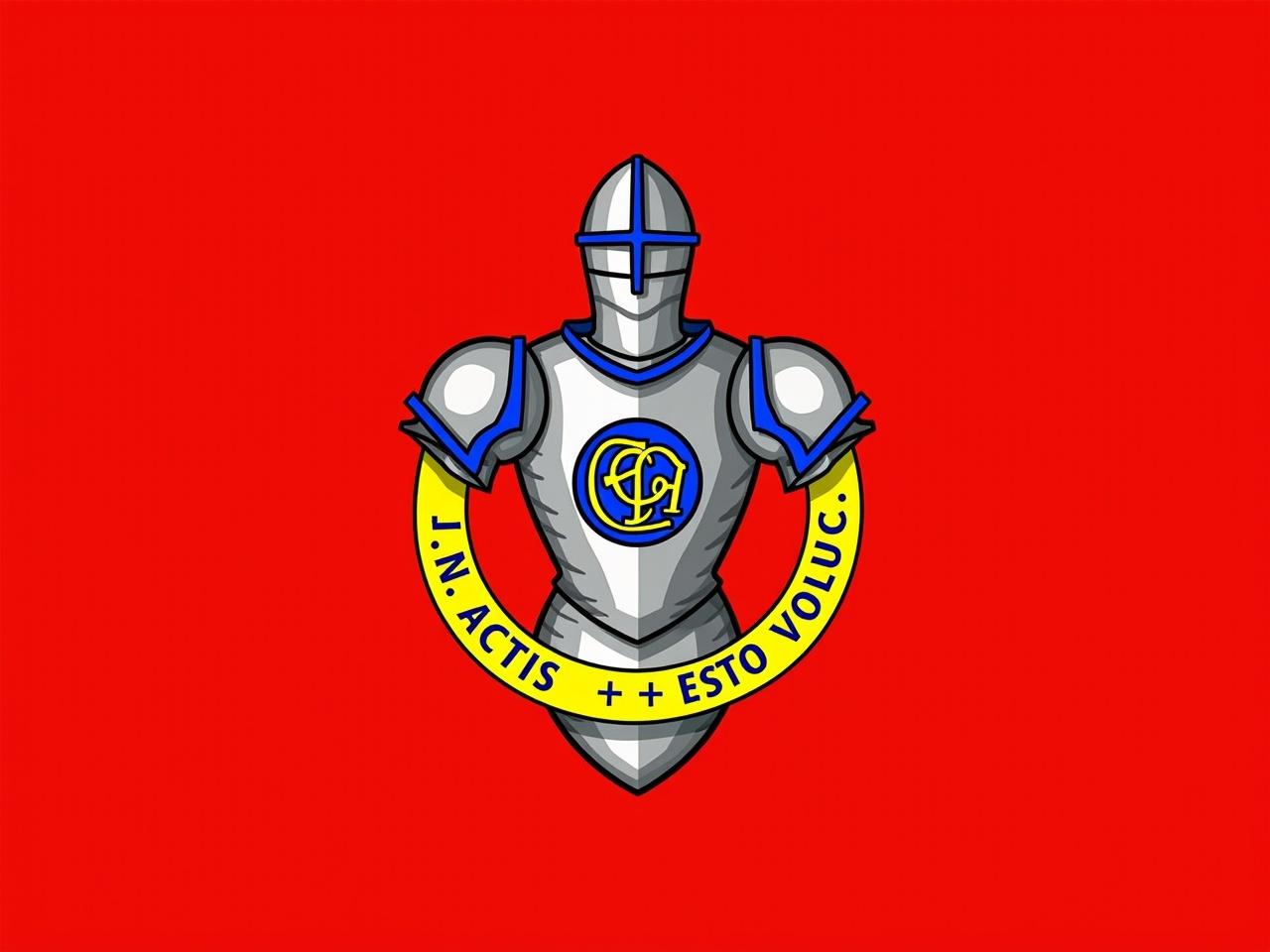 The image features a crest or emblem centered on a red background. It includes a stylized suit of armor in silver with blue and yellow detailing. The armor displays a prominent emblem with the letters 'C' and 'A' intertwined. Around the armor, a yellow ribbon contains the Latin phrases 'J.N. ACTIS' and 'ESTO VOLUC.' The overall design has a combination of medieval and heraldic elements, conveying strength and tradition.