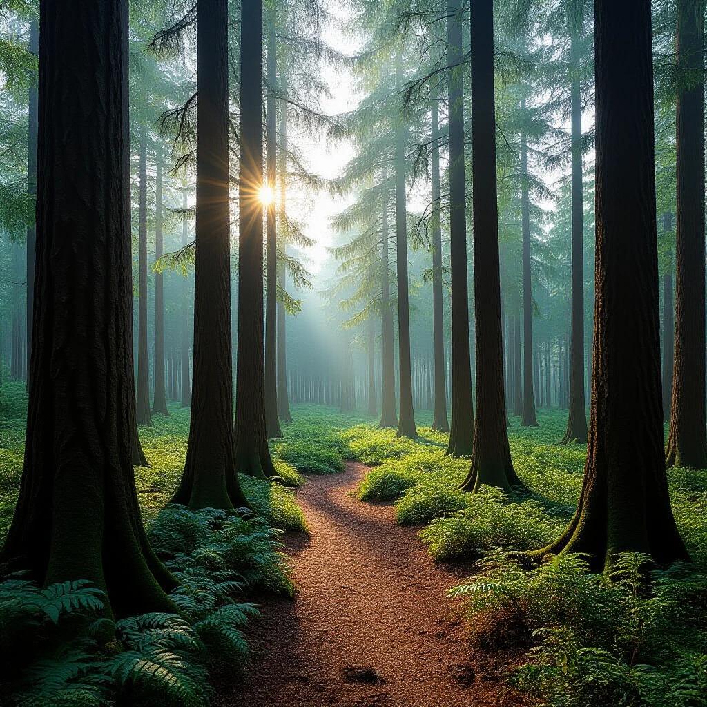 A tranquil forest scene with tall trees and a pathway. Sunlight shines through the trees illuminating the path. Lush green ferns line the ground. Mist creates a dreamy atmosphere.