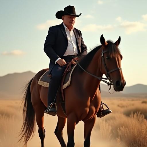 Cowboy riding horse in a desert landscape. Stylish outfit of a jacket and cowboy hat. Natural surroundings showcasing prairie ambiance.