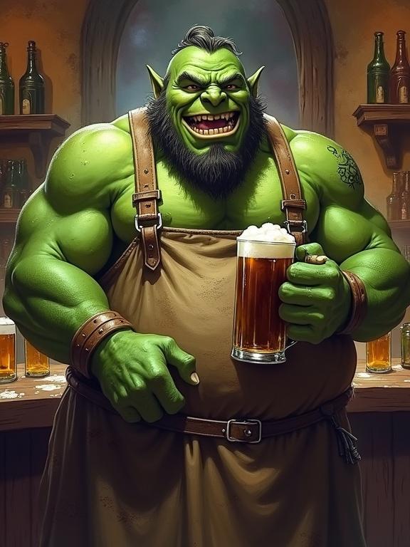 A friendly ogre with green skin, muscular and fat, in a medieval tavern. Shirtless under a dirty apron, holding a mug of ale, surrounded by a cluttered bar filled with beer bottles. The background features watercolor splashes. An epic heroic vibe with semirealistic digital art style inspired by Jason Chan.