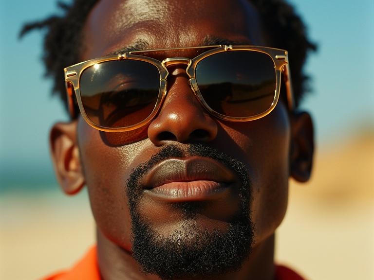 Close-up portrait of a man wearing multiple pairs of sunglasses. Shades range from ovals to bold vintage frames. Skin glows under sunlight with glistening sweat. Expression is cool and amused. The image has a playful, surreal quality with summer vibes and fashion influence. Shot on 35mm film with flash. Captures warmth and nostalgia.