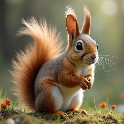 A whimsical creature that combines features of a squirrel and a rabbit. It has soft fur, large expressive eyes, and a fluffy tail. The creature stands among small flowers in a natural setting.