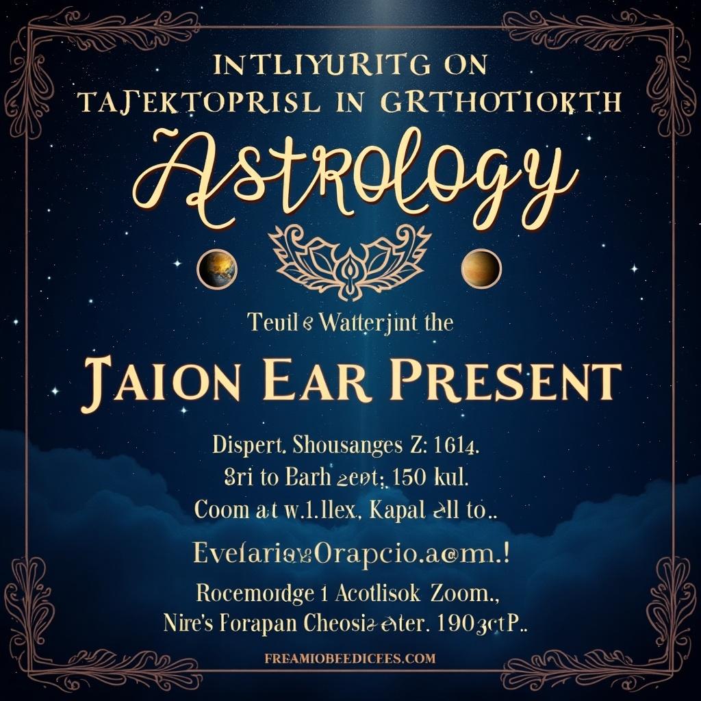 Astrology book launch event details about time venue RSVP. Elegant design features celestial elements. Text included is decorative.