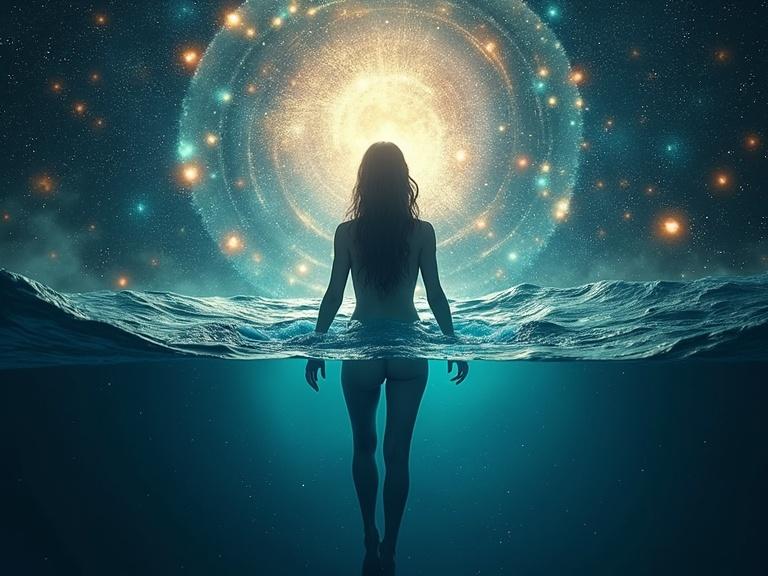 Silhouette of a woman standing in water under a cosmic glow. Design emphasizes knowledge and enlightenment. Modern artwork depicting science and spirituality. Represents deep dive theme in creative way.