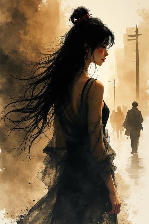 Silhouette of a stunning Japanese woman with long flowing hair. She wears dark eyeshadow. The background shows a city street at night with characters in the distance. A soft sepia ink wash surrounds her. Abstract dark background with bokeh effect.