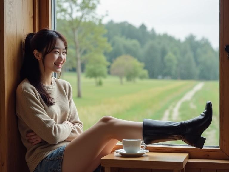 A young woman sits by a large window in a cafe. She looks out at a green landscape. A teacup sits on the table. She wears a cashmere top, short skirt, and long boots. She smiles slightly, stretching her legs.