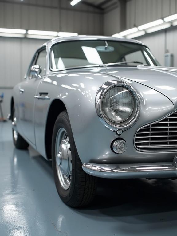 Silver metallic car painted by spray gun. Vintage car model in a bright, clean workshop. Focus on chrome details and sleek lines.