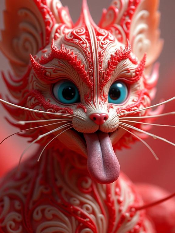 Hyper-detailed 3D rendered cat with intricate designs tongue out playful expression