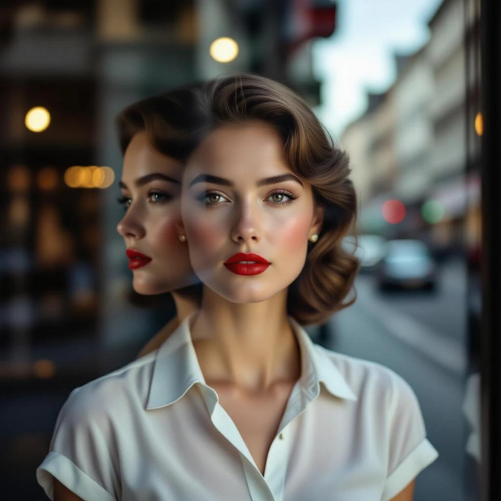 Photograph of shop window featuring distorted reflections and atmospheric elements. Focus on a figure in relaxed posture. The window captures a local street scene with unique artifacts. Shot with a vintage camera to enhance vintage feel. Vignette effect emphasizes the right side of the image.