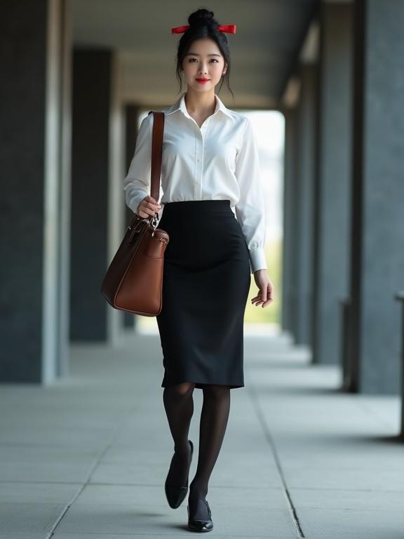 Full-body image of an East Asian female professional in a white blouse and black knee-length skirt. She has smooth pantyhose and closed-toe heels. A brown satchel is slung over her figure while her black hair is in a bun with a red bow. The setting includes modern dark-grey walls and a softly lit background for ambiance.
