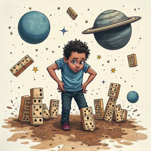 A child stands surrounded by falling dominoes resembling planets. The child has a frustrated expression. The scene includes stars and a splash of coffee. Comic panel style with black outlines and watercolor textures.