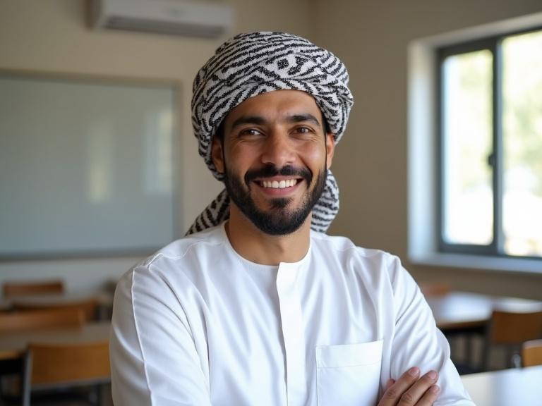 View of male teacher in traditional dishdasha and turban standing confidently in classroom. Modern classroom environment with natural light coming through window. Teacher displays a positive demeanor. Suitable for educational and cultural context.