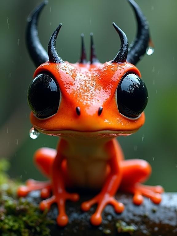 Highly stylized fantasy amphibian with vivid colors. Creature has exaggerated features. Bright red-orange body with glossy black eyes. Droplets of water on its head and body. Perched on moss-covered log. Soft natural lighting with a blurred background. Mood is whimsical and dramatic.