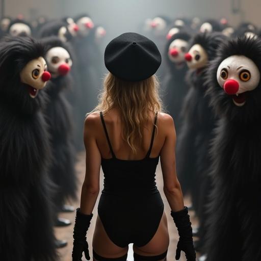 A female wrestler confronts giant black puppets. She's wearing a black leotard, a beret, gloves, and tights. She faces away from the viewer. The scene is surreal and dramatic.