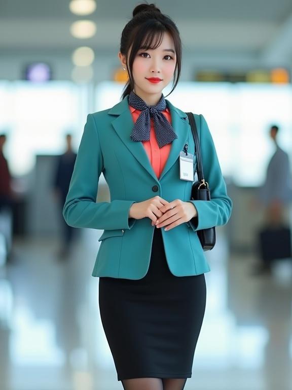 Female airport ground staff concept. Coral pink blouse and turquoise blazer. Black knee-length skirt and pantyhose. Black pumps. Black-haired woman with light makeup and red lips. Silver name tag on blazer. Black lanyard with ID. Dark blue gingham scarf. Dark grey satchel. Inside airport terminal building. Standing straight with clasped hands.