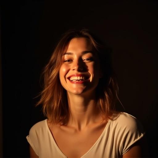 Portrait of a person wearing a bright smile. Strong warm light emphasizes joyful expression. Dark background contrasts with the illumination on the person's face. Person wears a simple white shirt. The atmosphere feels warm and happy. Focus remains on the person's joyful facial expressions.