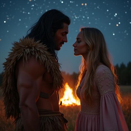 A couple in a romantic setting under a starry sky with a bonfire. The man is a handsome muscular Native American in warrior costume. The woman is beautiful in a torn Victorian dress. Both are gazing at each other.