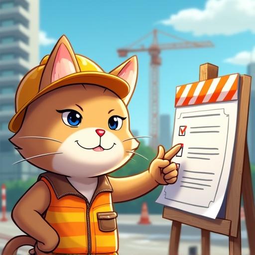 Cat on a construction site doing a safety check. Cat points at a checklist. Serious expression in side view. Genba Neko style. Cat gives thumbs up with one paw.