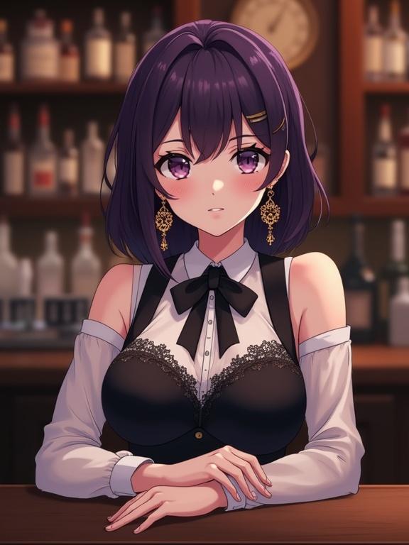A stunning matured anime lady with dark violet hair sits at a bar counter. Sharp facial features and calm expression. Bob hairstyle with subtle waves and fringe. She wears a white see-through off-shoulder sleeve top under a dark vest. The vest has intricate details across the chest. A small black bow decorates the neckline. She has elaborate gold earrings. The setting has a polished wooden bar and dim light.