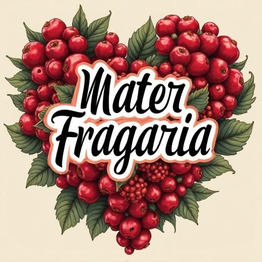 Create an elegant or playful t-shirt design with a Latin phrase. Include strawberries in a heart shape. Use burgundy and bright red colors. Incorporate green leaves. Add a classic font with serif for a vintage look. Include a modern cursive font with a pink-red gradient for a contemporary feel.