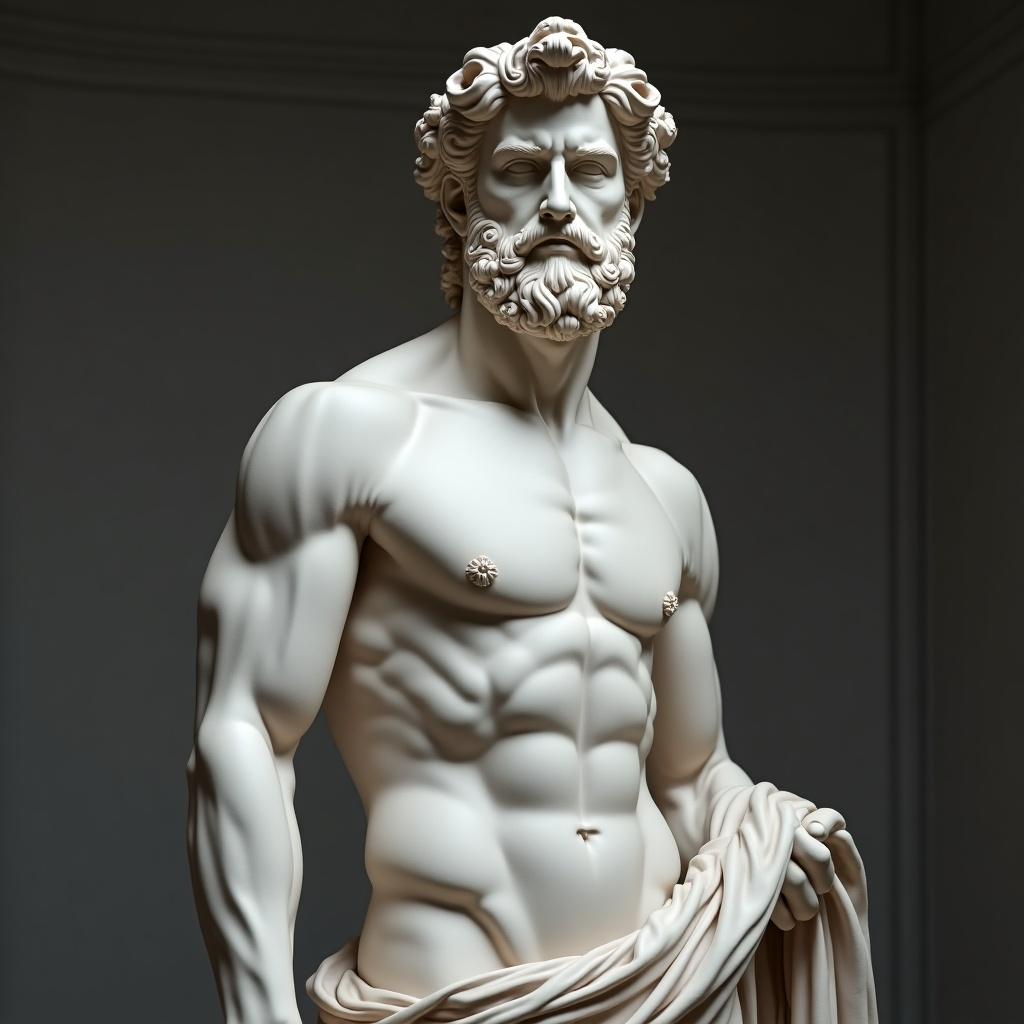 Detailed marble statue of a man with chiseled abs. Fit appearance resembles Greek god.