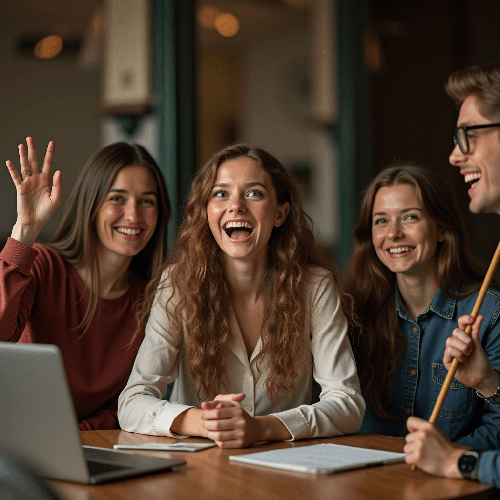 A group of people happily engaging in a casual meeting around a table.