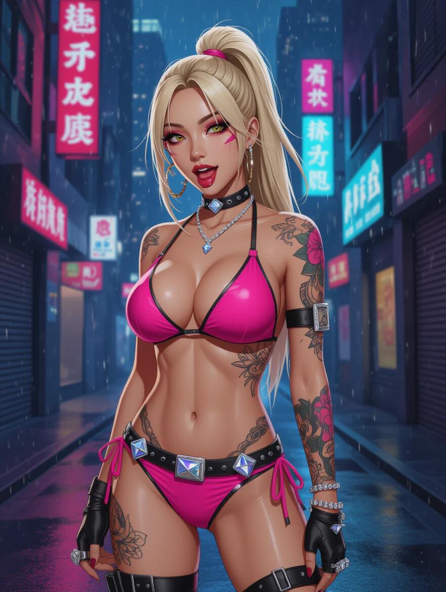 Hot busty Asian cyberpunk model wears a bright edgy bikini on a narrow night city street. The model features dramatic makeup with tattoos and diamond jewelry. She wears high boots and has a high blonde ponytail. The expression is excited with a half-open mouth. The pose is slightly turned to the side in a comic style.