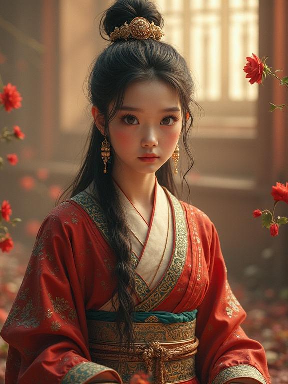 A female model wearing traditional clothing with intricate patterns in a serene setting surrounded by flowers.