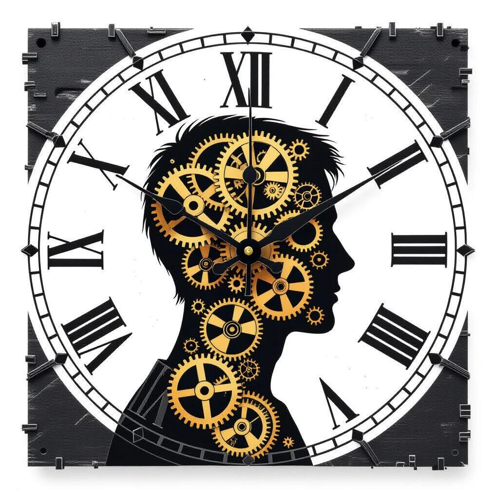 Silhouette of a human head filled with turning clock gears. Represents concepts of time pressure. Mortality theme illustrated with intricate mechanical gear design. Background features oversized clock face with Roman numerals.