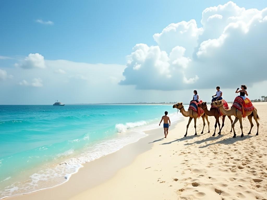 This is a photo of camels walking along a sandy beach in Dubai. The camels are adorned with colorful saddles and they move gracefully beside the crystal-clear blue ocean. A rider can be seen atop one of the camels, enjoying the beautiful surroundings. Above them, a stunning cloudy sky adds depth and beauty to the scene. The beach is bathed in sunlight, enhancing the vibrant colors of the camels and the water. The overall atmosphere is serene and picturesque, perfect for a day of exploration on the coast.