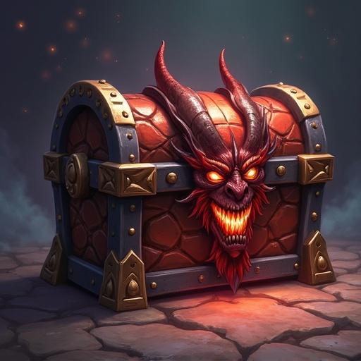Image shows a treasure chest featuring a demon face looking straight ahead. Style inspired by the game World of Warcraft. Image lacks any background elements.