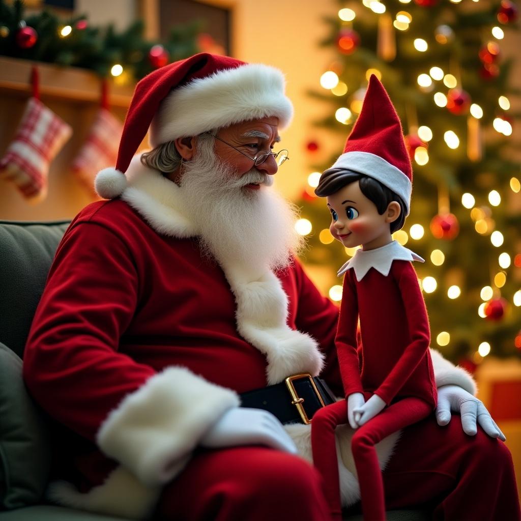 Santa Claus is seated with an Elf on the Shelf. The scene is in a festive setting with a Christmas tree and holiday decorations.