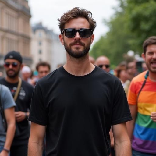 A man is wearing a basic black t-shirt during the pride march. Bright day with a vibrant crowd around. Focus on the man in the foreground with blurred faces in the background.