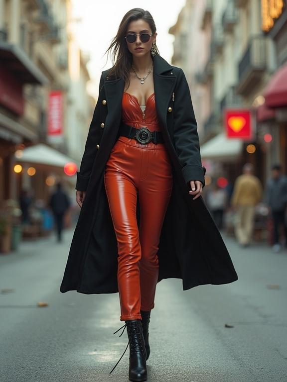 Futuristic pubistic fashion icon walks down a street. This scene showcases avant-garde style with a blend of high-fashion and cutting-edge technology