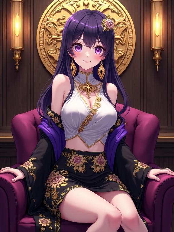 A highly detailed vibrant anime-style lady with dark violet hair seated elegantly in a plush chair. She wears a stylish attire combining white, violet, and gold with intricate floral patterns. The background features a luxurious bar interior with a golden emblem. The lady displays a calm expression while looking at the viewer.