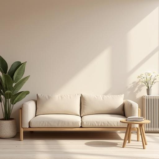 A minimalist living room featuring a beige sofa. A small wooden coffee table is in front of the sofa. A potted plant is positioned beside a radiator. The decor is simple and elegant. Soft natural light illuminates the space. Large vertical blank spaces are present across the walls.