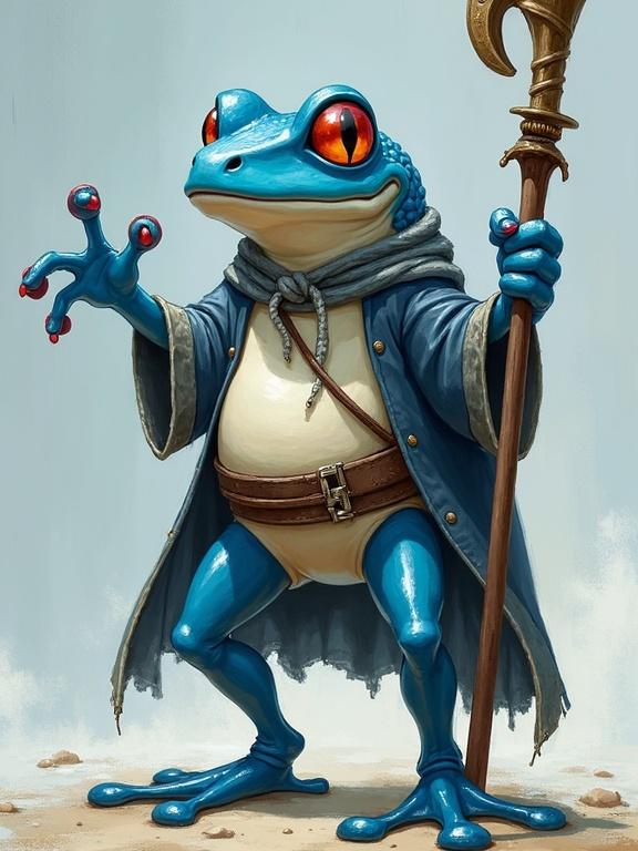 A humanoid blue frog character with a white stomach dressed like a pirate. The frog stands in a dynamic action pose, holding a staff. It is depicted with vibrant colors and a playful, sorcerous demeanor. Features include a long tongue and elements reflecting fantasy themes.