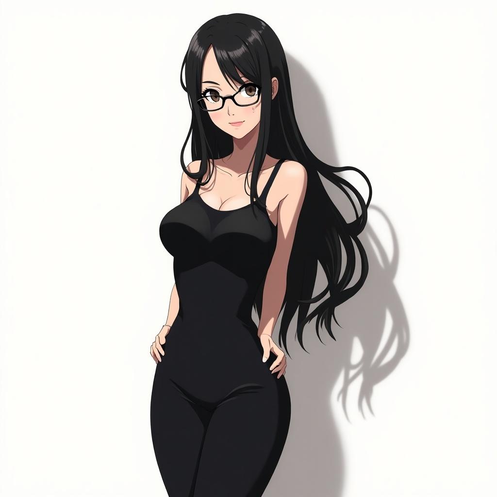 Anime-style illustration of a confident woman in a sleek black dress. Her long black hair flows elegantly. Simple background emphasizes her figure. Poised and intelligent appearance.