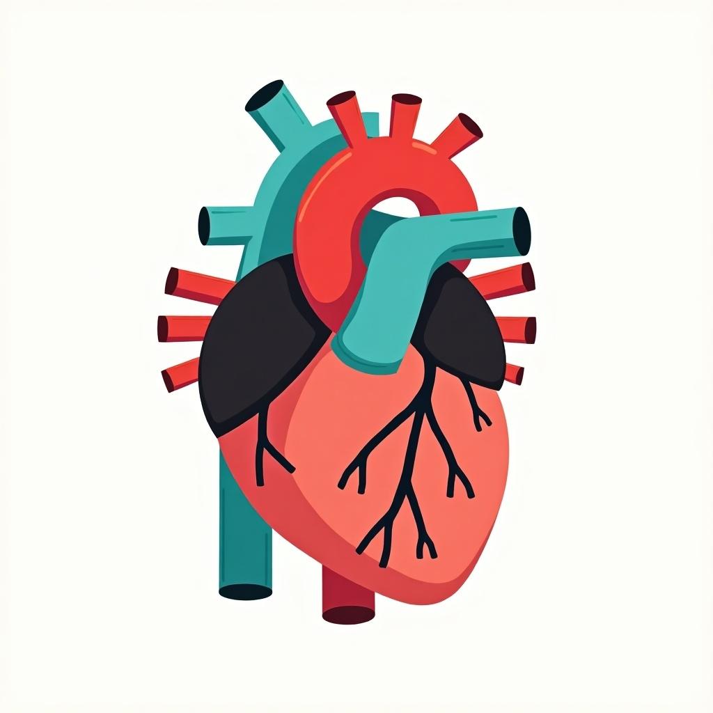 Stylized illustration of a human heart. Playful color palette of red and teal. Simplified shapes and bold lines create a modern abstract feel. Emphasis on anatomical structures like arteries and veins. Contrasting colors highlight different parts.