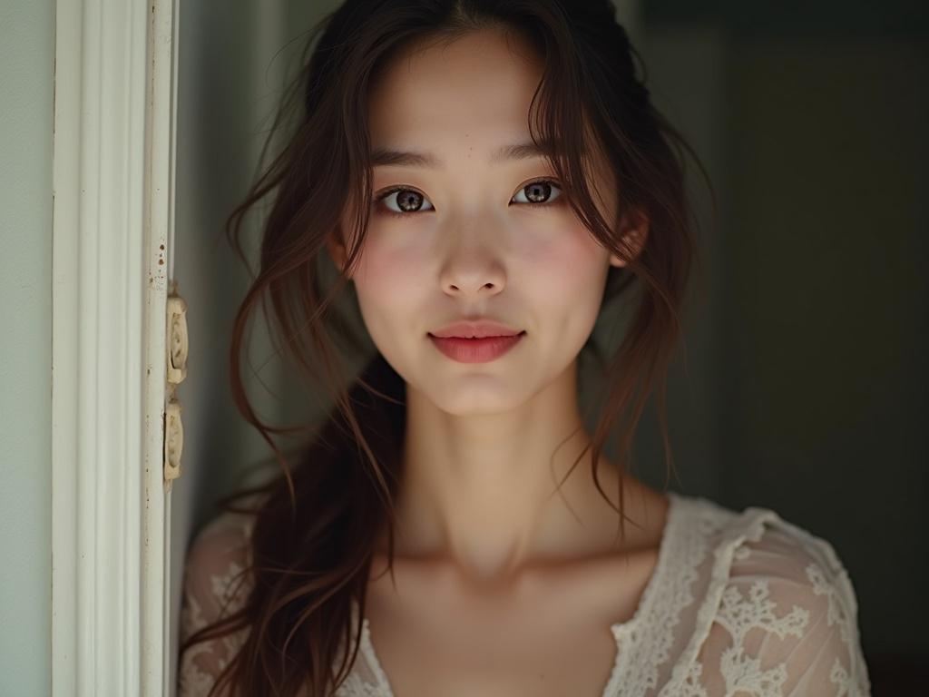 4K photo featuring a young female subject in a close-up portrait. Focus on detailed skin texture and full lips. Soft lighting enhances natural beauty.