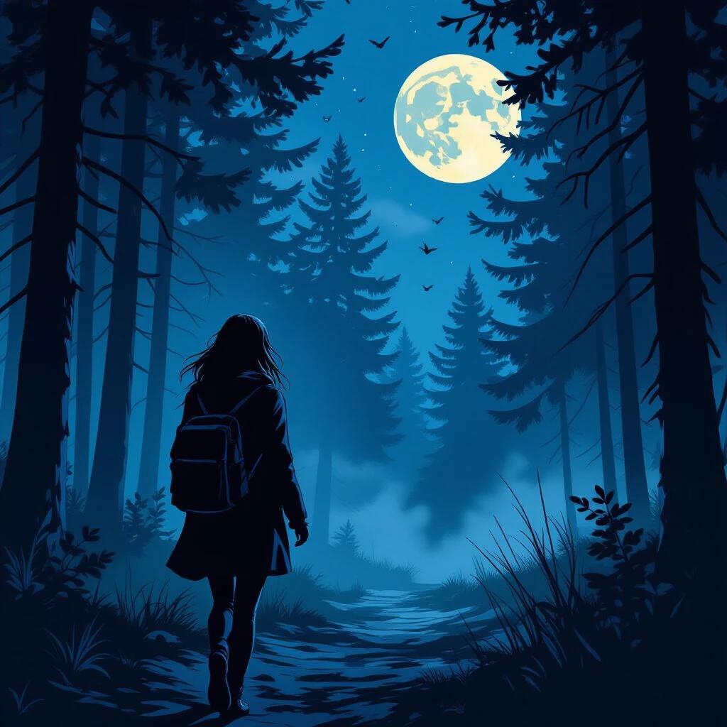 Woman walks in a dark forest. She appears fearful. She searches her surroundings after hearing a sound. The setting features a full moon shining. The atmosphere is mysterious and tense. The style resembles a comic book.