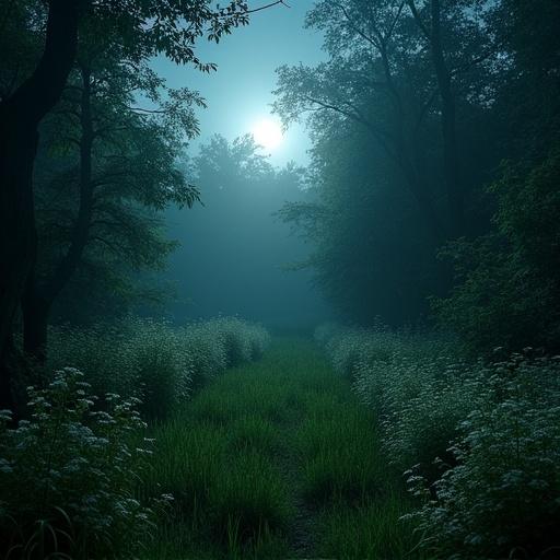 Long grass small clearing surrounded by overgrown forest. Spattering of wildflowers on the edges. Scene illuminated by gentle moonlight. Evokes an eerie beauty and fear.