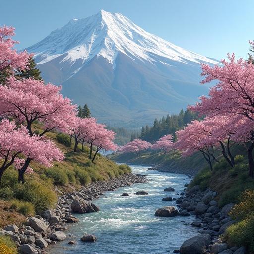 A landscape painting featuring cherry blossoms and the majestic Mount Fuji