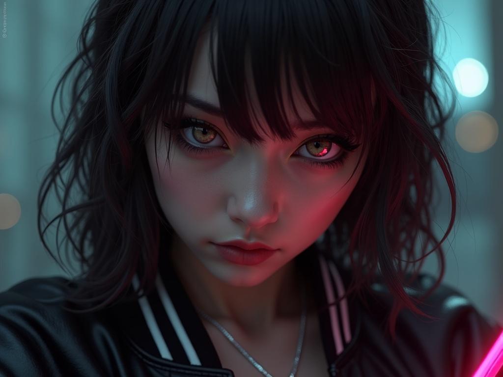 Close-up shot of a cyberpunk girl with striking whitish eyes wearing a bomber jacket with glowing collar stripes. Heavy makeup enhances realistic skin texture. Focus on her facial details, featuring colorful lighting effects from katana.
