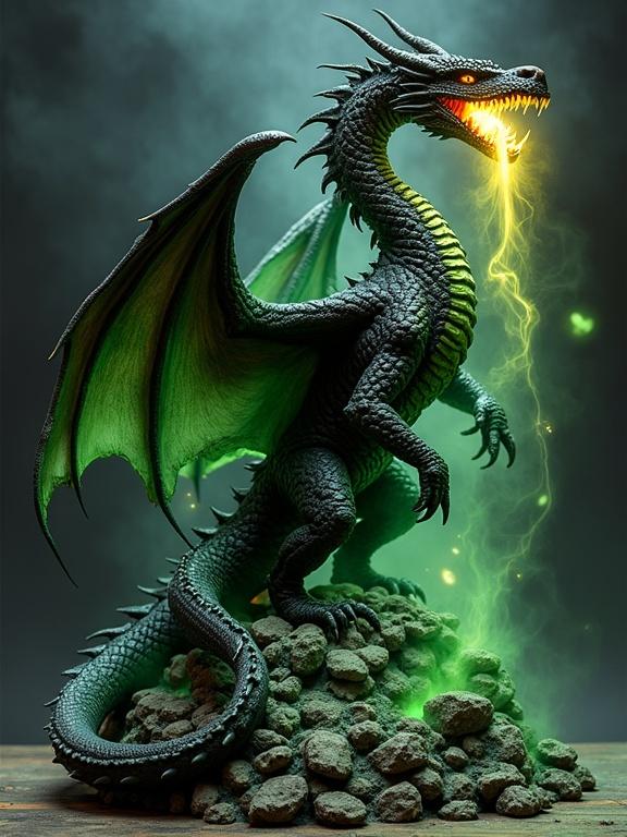 A collectible resin sculpture of a massive black dragon. The dragon breathes green fire. Its wings are outstretched. Its eyes glow ominously. The body is coiled around a base. It stands on dark rocks with mystical lights. The sculpture is highly detailed and has physical texture. The lighting is dramatic. The composition is strikingly vertical.
