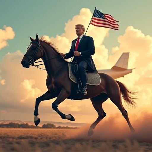 The American President riding a horse. The President holds an American flag. Hyper-realistic style with detailed features. 4K resolution.