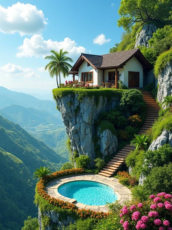 A picturesque scene features a house layered on a rocky cliff. The house is cozy with a dark roof and white walls. Surrounding it are colorful flower beds and tropical plants. A clear blue pool is nearby. A staircase climbs beside the cliff. The backdrop contains rolling hills and a bright blue sky with clouds.