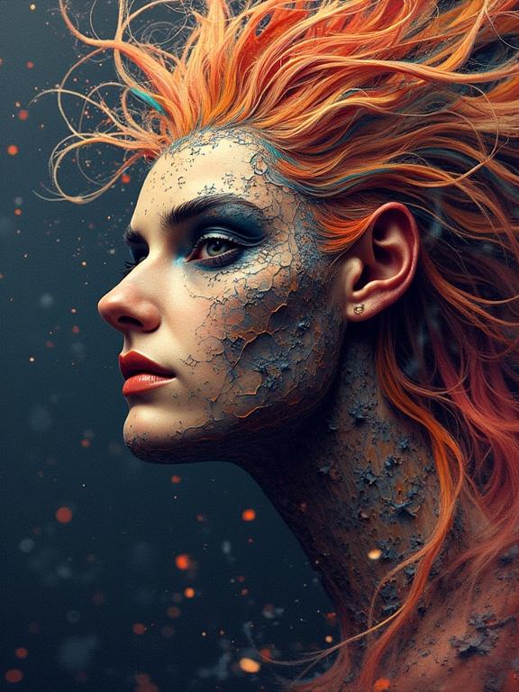 A profile view of a woman's face featuring vibrant, multi-layered colorful hair. The skin displays intricate, textured patterns, embodying a blend of artistic makeup and digital art. The color scheme incorporates bright oranges and blues, creating a striking visual impact.